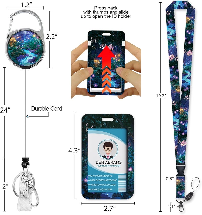 Piefly Lanyards for Id Badges, Fireflies Forest Badge Holder with Retractable Reel Belt Clip, Purple Work Name Tag Lanyard Vertical ID Card Protector Case for Women Nurse Doctor Teacher Student - Image 5